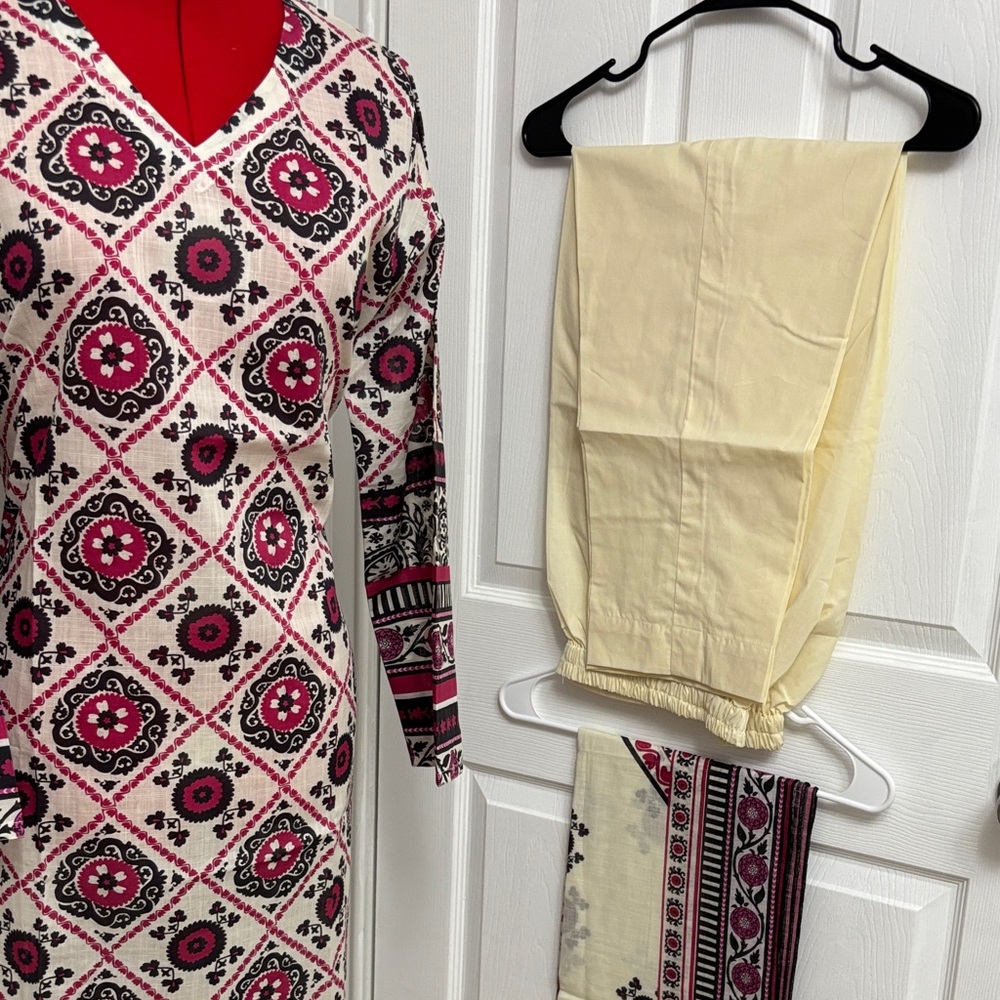 Printed Pink and Black Geometric Tunic with Cream Pants